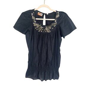 Mudd Embellished Top Black L Peplum Sheer Y2K Boho Indie Folk Chic Classic 80s
